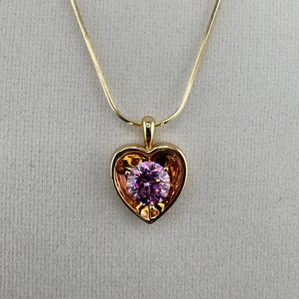 Gold Heart Pendant Necklace Pink Round Cut Crystal Snake Chain Jewelry